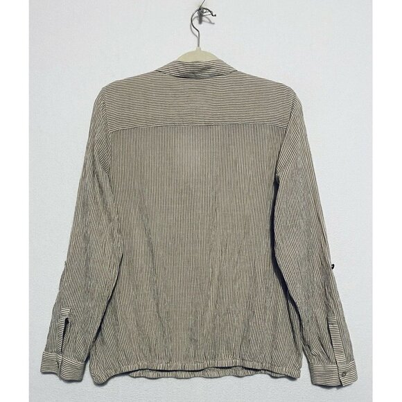 J Jill Top Womens Medium Brown Striped Faux Wrap V Neck Roll Tab Sleeves Boho - Picture 5 of 10